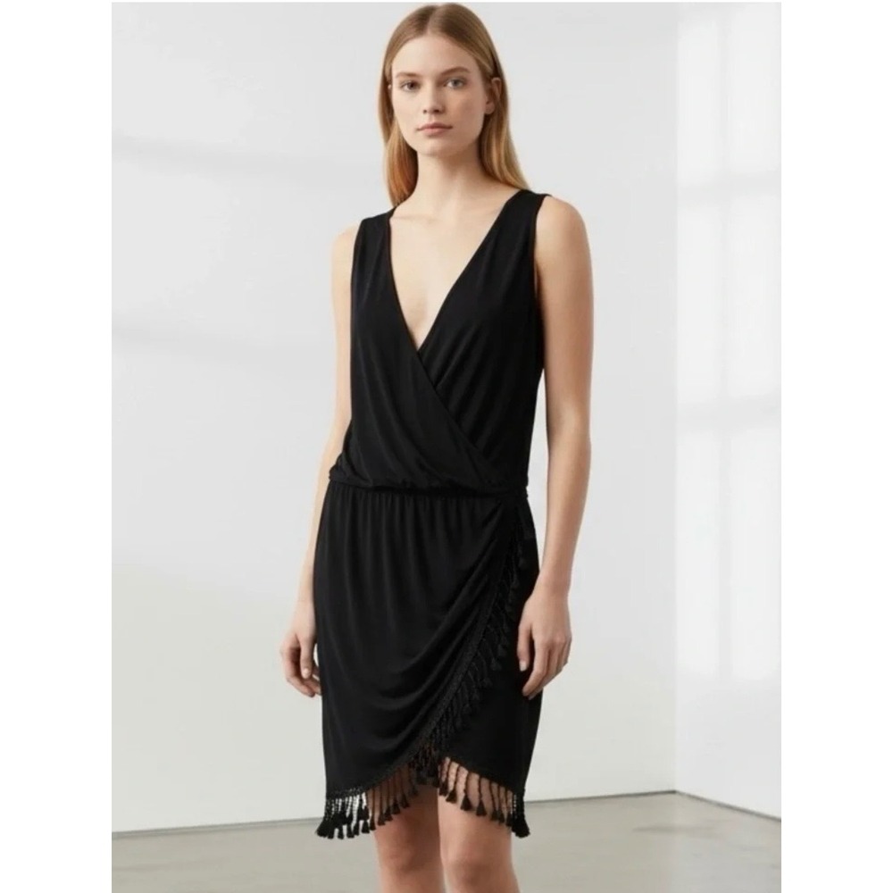 Laundry by Shelli Segal Black Tassel Fringe Lace Wrap Mini Dress Medium